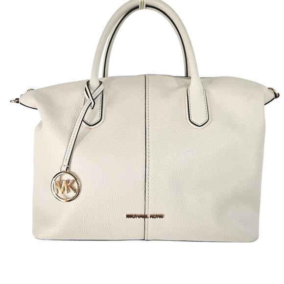 Michael Kors Hyde Large Leather MK Logo Satchel Purse- Beige $628 - Picture 1 of 10